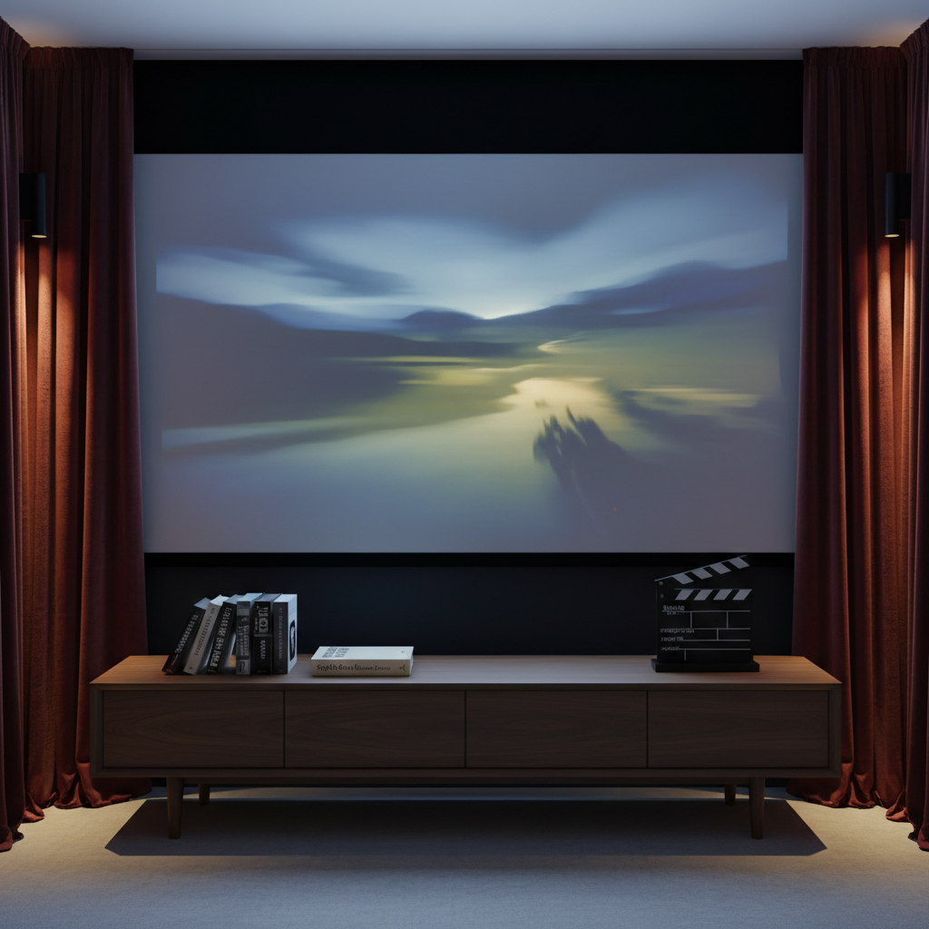 A refined home cinema corner without any viewers, focused on a large, matte-finish screen displaying an abstract, softly blurred film still in muted colors. In front, a mid-century modern wooden console holds an artfully arranged stack of classic film cases, a slim hardcover book of cinema essays, and a minimalist metal sculpture shaped like a director’s clapboard. Heavy velvet curtains in deep burgundy frame the scene on either side, their texture emphasized by subtle side lighting from hidden wall sconces. The room is otherwise dim, with the cool glow of the screen reflecting gently on the console’s smooth surface. Photographic realism, eye-level composition with strong horizontal lines, creating an intimate, sophisticated mood that honors serious film criticism and analysis.
