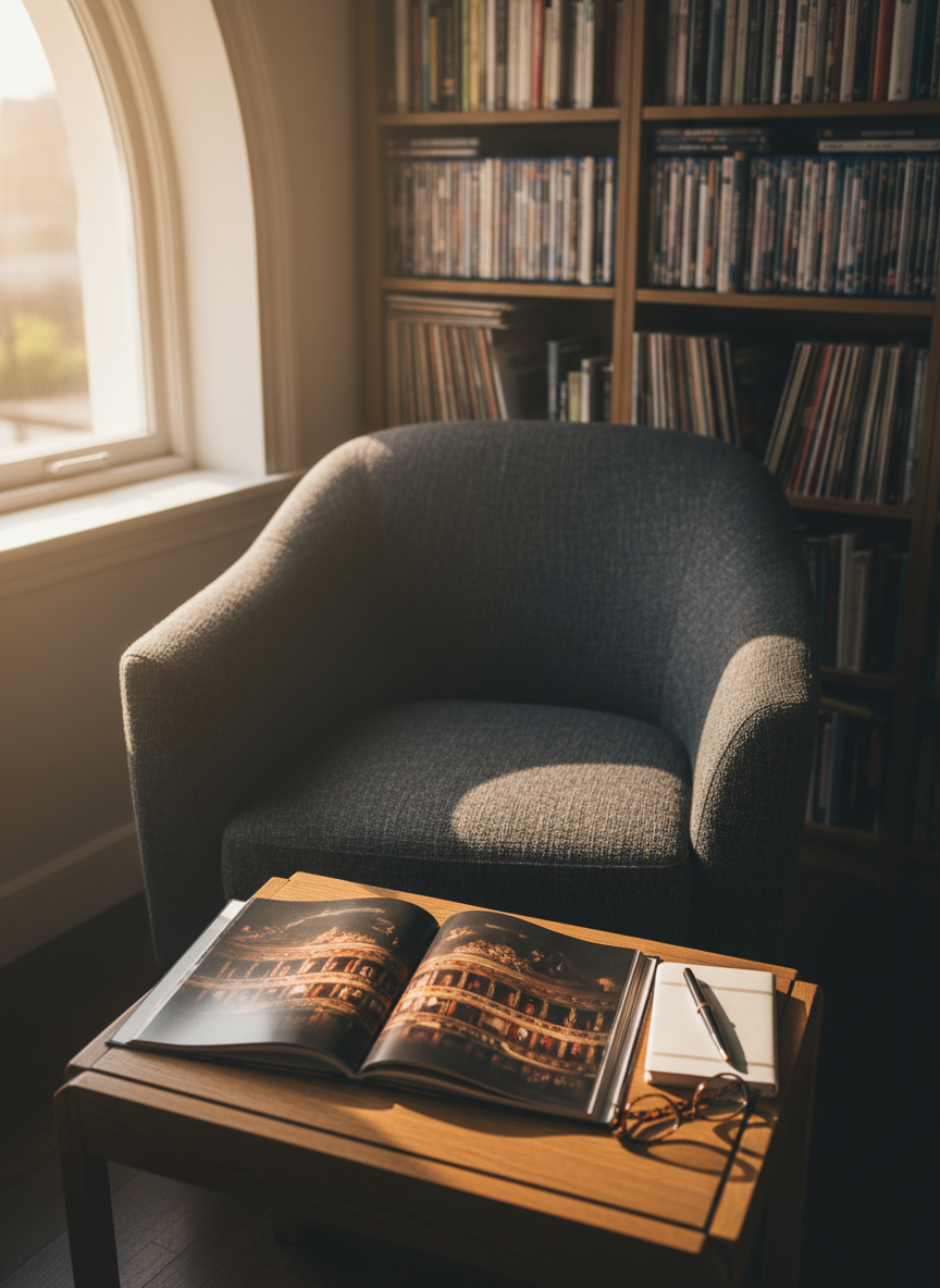An elegant reading nook dedicated to cultural discovery, featuring an overstuffed dark charcoal armchair with rich woven fabric, empty and slightly angled toward a low oak side table. On the table rest an open art catalog with high-quality glossy pages, a pair of tortoiseshell reading glasses, and a slim notebook with a fountain pen laid precisely across it. Floor-to-ceiling bookshelves brim with neatly arranged books, DVDs, and vinyls, softly blurred in the background. Late afternoon natural light filters through a tall window, casting long, moody shadows and creating a golden rim along the edges of the furniture. Photographic realism at a slightly elevated angle, balanced composition with a calm, sophisticated mood, suggesting quiet reflection on theater, cinema, music, and literature.