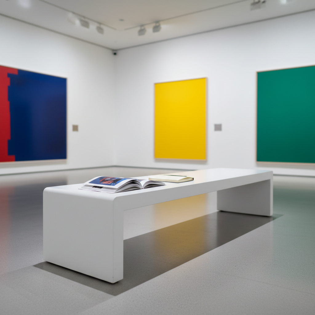 A polished exhibition review scene: a long, pristine white gallery bench centered in a minimalist museum space. On the bench sit a small, open exhibition catalog with thick, semi-matte pages and a finely textured sketchbook, both unoccupied. The background showcases large, slightly out-of-focus contemporary artworks in bold colors against crisp white walls, with a subtle plaque next to each piece. Overhead track lighting casts clean, directed beams that create delicate, defined shadows beneath the bench and highlight the grain of the smooth concrete floor. Photographic realism from a slightly low angle, emphasizing the spaciousness and airy sophistication of the gallery. The mood is contemplative and analytical, inviting thoughtful engagement with visual art and curated exhibitions.