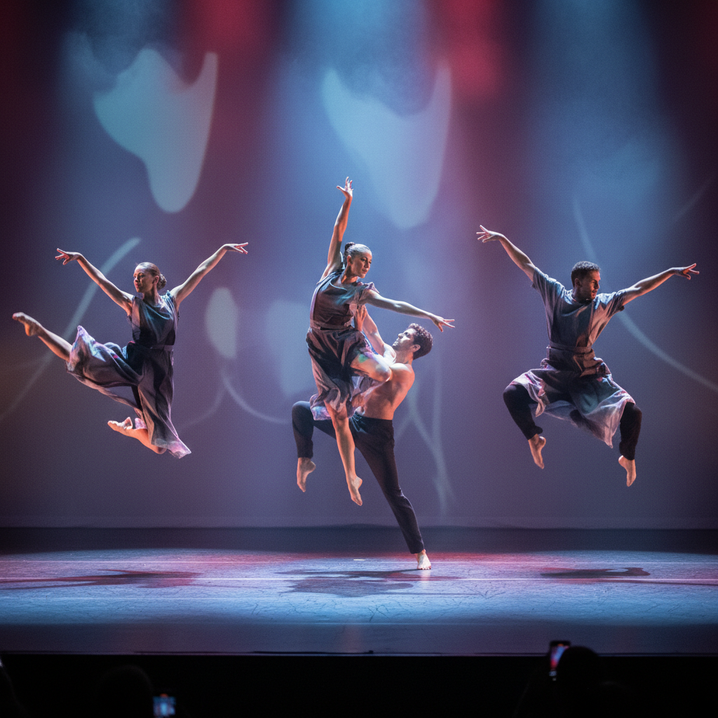 Photo éditoriale moderne d’un spectacle de danse contemporaine sur scène, avec des danseurs en mouvement dynamique sous des éclairages colorés, ambiance culturelle et artistique